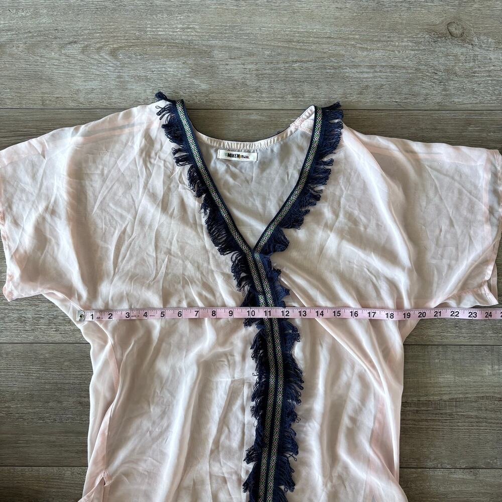 Miken Swim Cover Up Pink Fringe Sheer Lightweight Embroidered Tropical Romantic - Picture 6 of 6